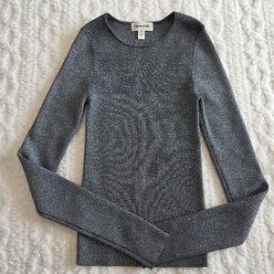 Open Edit Ribbed Metallic Sweater Top M Silver Gray Long Sleeve Shimmer